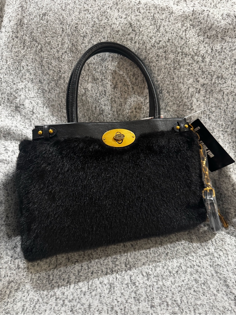 Steve Madden Black Faux Fur Satchel with Gold Turn-Lock